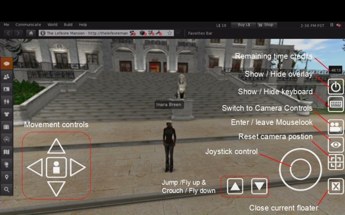 The viewer presented through SL Go with the tablet overlay controls (click to enlarge)