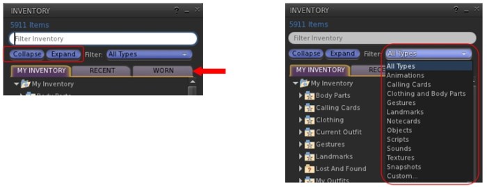 The new (to UKanDo) inventory floater options: the Collapse and Expabnd buttons and the Worn items tab (l): the inventory search filters drop-down (r)