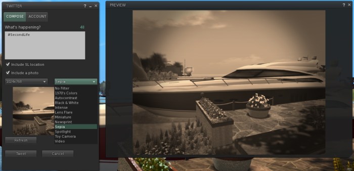 The Twitter floater and preview pane, showing one of the preset photo filters applied - users can also customise the filters