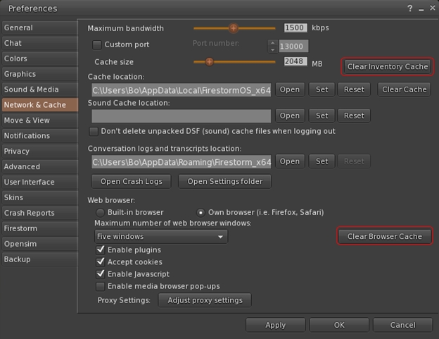 The new inventory only and the internal web browser clear cache buttons