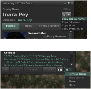 Profile floater changes: the new Copy to Clipboard button and pop-out menu (t); and the revised options and new gear menu at the bottm of the panel (l)