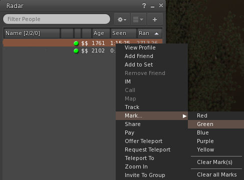 Firestorm 4.6.5 allows colour avatar colour marking directly from the Radar floater (as well as via Mini-map