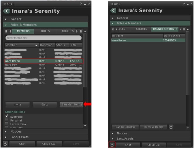 Banning someone from a public droup via the Members tab (l), and confirming they are listed as banned on the Banned Residents tab (r)