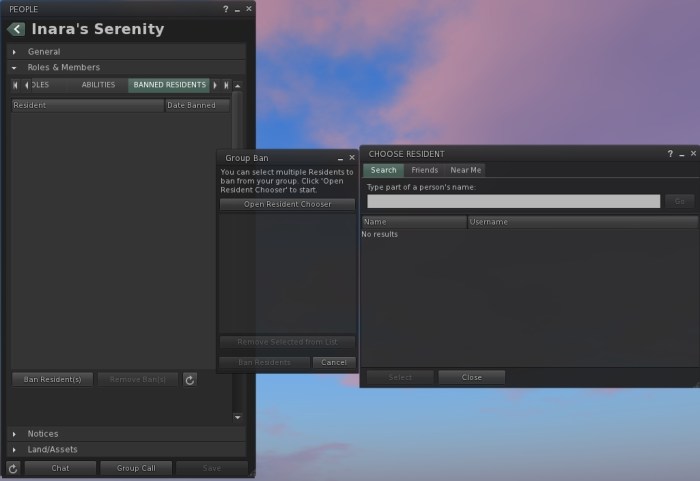 Using the Banned Residents Tab in a Group panel (l) to access the Group Ban Picker (c) and Choose Resident floater (r) to select avatars you wish to ban from your selected group