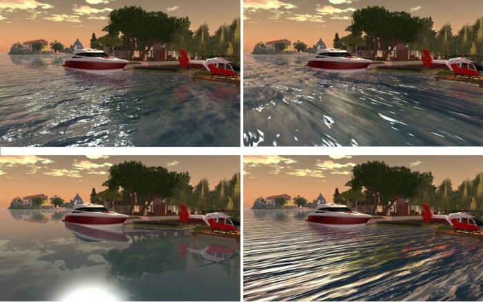 Four presets compared under the same sky settings, clockwork from top left: Linden water default; Trompe Loeil "cresting"; Trompe Loeil "Long Ripple"; Trompe Loeil "Glass" (click for full size image)
