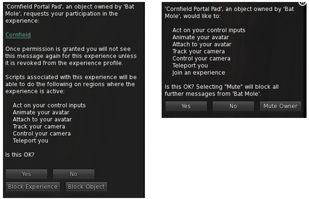 An Experience dialogue box. On the left, as it appears in an Experience Keys enabled viewer, with options to display the Experience Profile (by clicking the Experience name link) and to accept / refuse the Experience and to block the Experience (so you'll never see a prompts anywhere for it again) or to block just the current inviter. On the right, how the same dialogue appears in a viewer that is non Experience Keys enabled - you can only opt to accpt or refuse the invitation