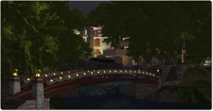 I "borrowed" a copy of one of the bridges connecting the various locations in the estate to provide a physical and thematic link between Fallingwater and the rest of the estate. Fallingwater, Seanchai Library, Kitely. 