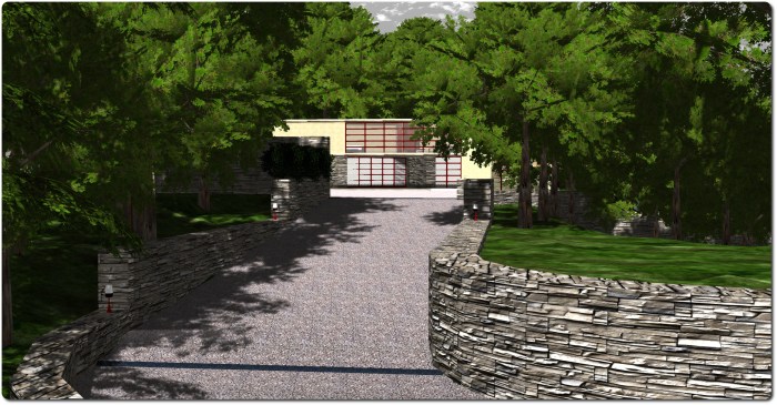 A part of the revised drive with retaining walls and one of the smaller outdoor venue spots (right). Fallingwater, Seanchai Library, Kitely