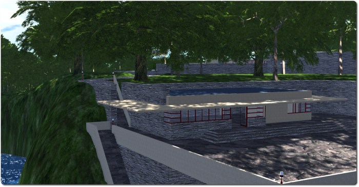 The new "north terrace house" with steps leadig down to the jetty and the Guest House visible in the background. Fallingwater, Seanchai Library, Kitely