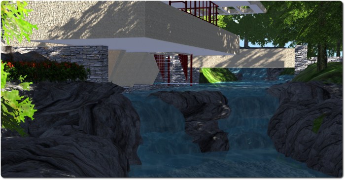 The revised falls under the Great Room of the house. Fallingwater, Seanchai Library, Kitely