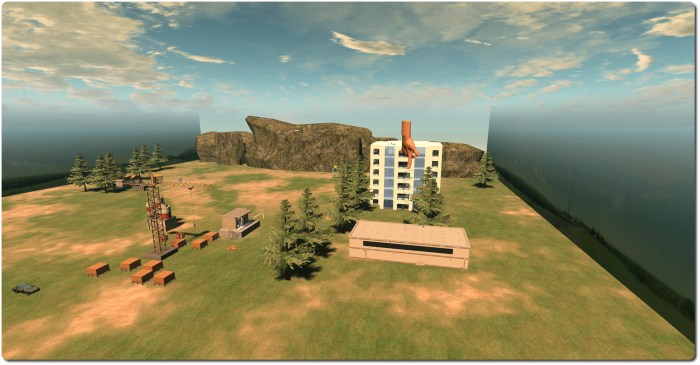 A prepared scenario being rezzed by the Creation & Control board. The pointing hand indicates the currently-selected object