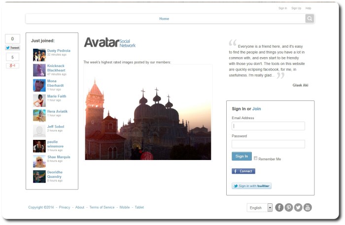 The standard log-in page for the Avatar Social Network site