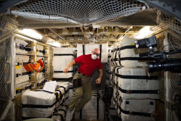 Dr. Alexander Gerst of the European Space Agency, gives some idea of the interior volume in an European ATV during the unloading of the Georges Lemaître following its arrival at the ISS on August 12th. 