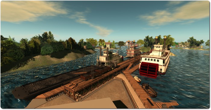 Looking over the wharf: on the right is the Dixie Queen, on the left, the Dixie Tow and her coal tender, and behind her, the Dixie Belle