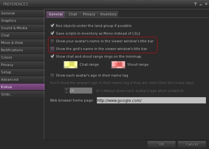 Kokua's options to display your avatar name and the grid name in the program title bar