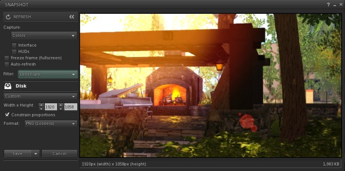 With the new snapshot floater, you will be able to add filters to the snaps you save to disk or inventory, or which you e-mail or upload to your profile feed