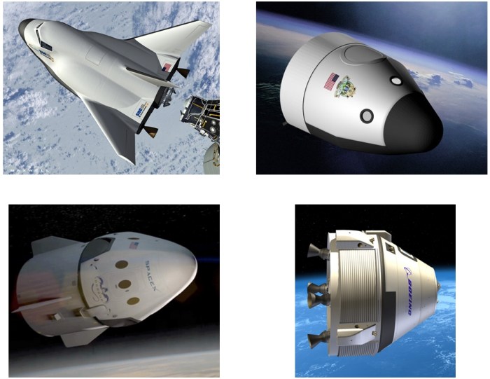The four contenders for the ISS crew support contract (clockwork from top left): Sierra Nevada's DreamChaser; Blue Origin's Space Vehicle; Boeing's CST-100 and Spacex's Dragon V2 (images courtesy of Sierra Nevada, Blue Origin, Boeing and SpaceX)