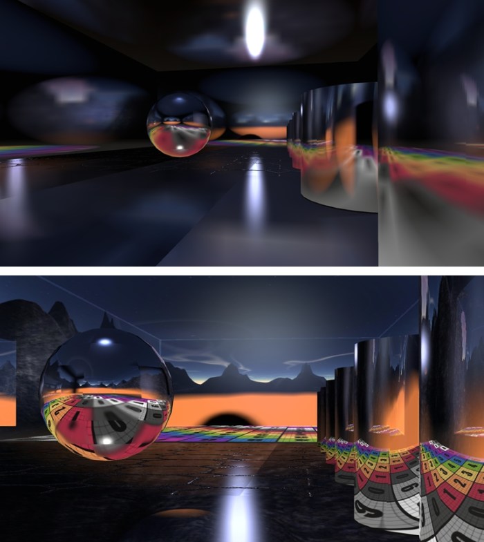 Geenz's work on projectors: as projected in the current viewer code (top) and in a viewer using Geenz Spad's enhancements