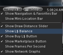 The new Status bar option to show / hide your L$ balance