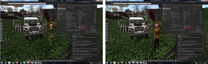 The latest AMD Catalyst™ 14.9.2 Beta driver issue: with Hardware skinning enabled, rigged messhes will not render (l); disable it, and they'll render OK (r) - click for full size; image courtesy of Maestro Linden 