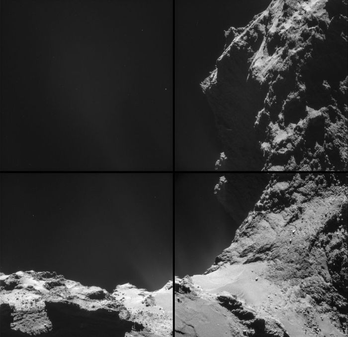A mosaic of four images captured by Rosetta showing 67P/C-G in detail. The white smudging against the backdrop of space is the gas and dust of the comet#s coma as it catches and reflects sunlight