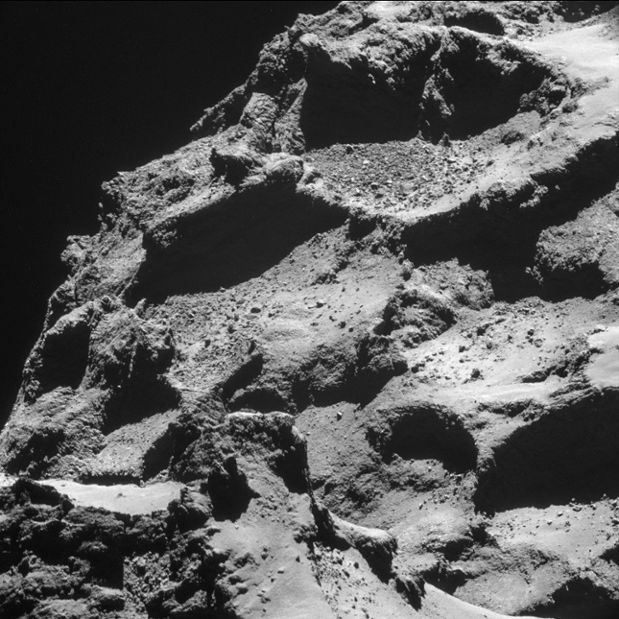 And closer still - rubble-filled depressions show the rough environment into which Philae was descending. Some of the depressions may actually be gas vents which will become more active as the comet continues to approach the Sun 