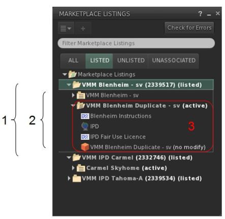 Folder hierarchy: 1 - A top listing product folder and its contents; 2- The versions folders for the product, each containing an individual version; 3 - The version of the product that is currently associated with the Marketplace listing, and which will be delivered to customers (e.g. a new update)