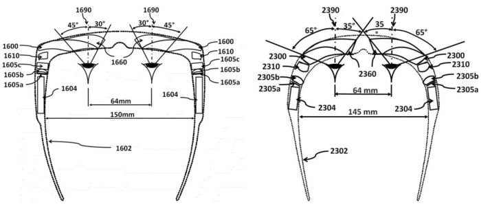 Patent filed for Magic Leap by , draws extensively on one of earlier patents for augmented reality headsets styled in both "regular glasses" and "wrap-around" form factors (US 20120162549 A1)