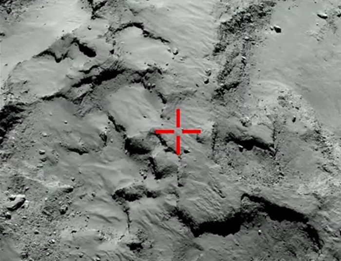 Where Philae should have landed. May now be in the depression, lower right