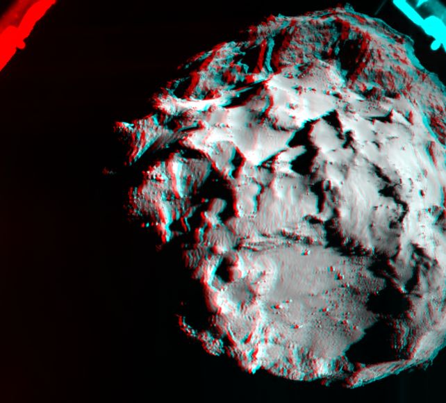 A 3D image of the comet created by overlapping two images captured by Philae's ROLIS camera as it descends toward the surface