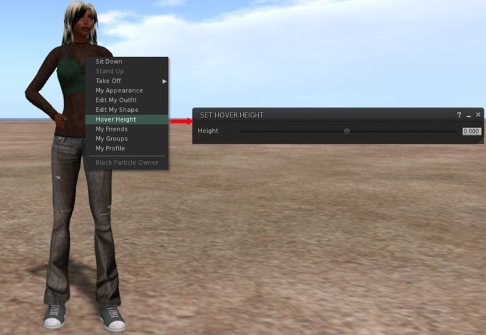Now in the release viewer: Avatar Hover Height provides a means of adjusting your avatar's graphical height above the ground / floor / objects, as seen by yourself and others