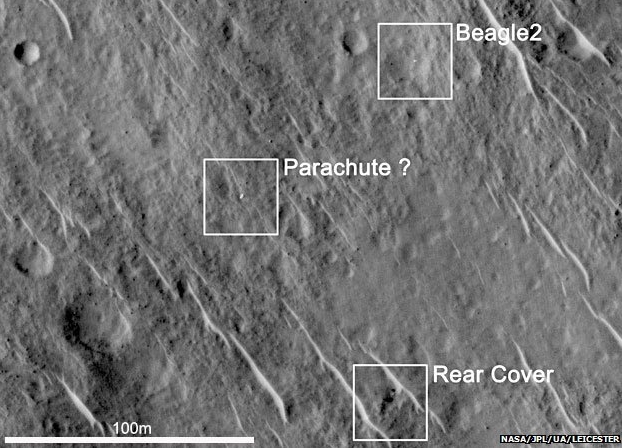 A HiRise image showing elements of the Beagle 2 lander on the surface of Mars (NASA JPL)
