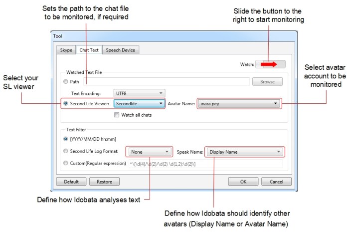 The Idobata 2 configuration options for Second Life