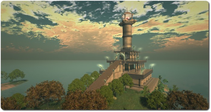 The great beacon tower of Pharos, on the east coast of Nautilus. built by Garden Mole, it is one of several builds within Nautilus designed to add to the mythology of the continent and its discovery by Magellan Linden