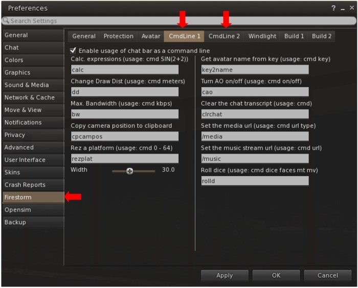Firestorm is one of several TPVs offering "command line" shortcuts which can be typed into local chat to achieve a number of things - the the full list of options via Preferences