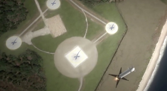 A computer-generated image of a Falcon 9 first stage descending to land at the new SpaceX facility at Cape Canaveral's Launch Cpmplex (image: SpaceX)
