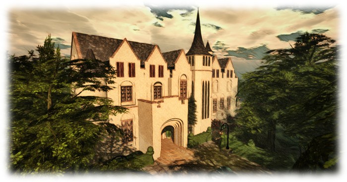 Explore the Great Gatsby - Gatsby's mansion: "The one on my right was a colossal affair by any standard—it was a factual imitation of some Hôtel de Ville in Normandy, with a tower on one side, spanking new under a thin beard of raw ivy, and a marble swimming pool, and more than forty acres of lawn and garden."