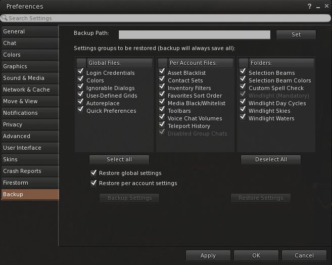 Firestorm's settings backup feature can help remove some of the pain involved in a clean install, by allowing you to save many of your preferred global and account setting locally, and then quickly restore them after a clean install of a new version of the viewer