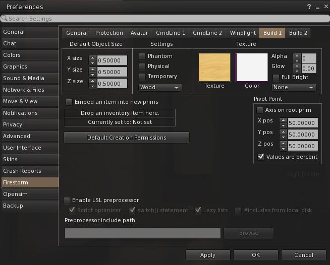 The build sub-tabs on Firestorm, located under Preferences > Firestorm, present access to the majority of additional options and capabilities associated with building using the viewer 