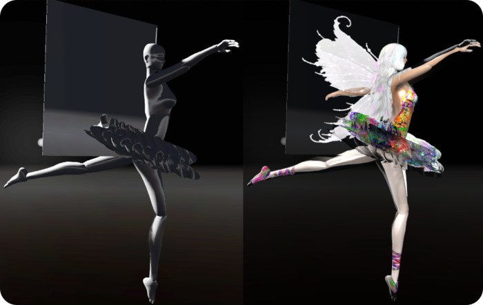 The power of projected lights - the image on the left shows an untextured figure; on the right, the same figure, lit entirely by projected lights. FreeWee's Laboratory v.8.0: Music, Myth, Magic, Light, Shadows, Physics, LEA27