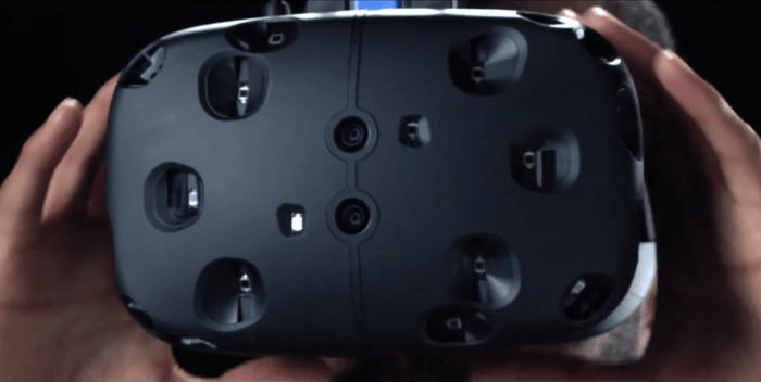 The front of the HTC Vive, showing the sensors for capturing hand movements