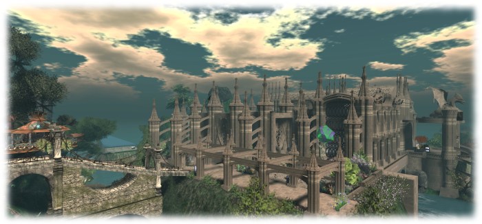 Another view of the Community Library in Inworldz - with Seanchai Library's new presence visible of the far side of the stone bridge