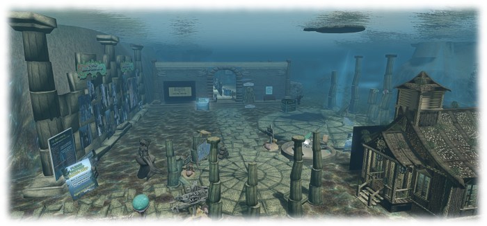 The welcome are for the merfolk community at Fanci's Deep, with the entrance to the Safe Water Foundation beyond