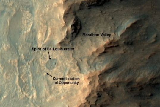 "Spirit of St. Louis" is located close the Endeavour Creater, which Opportunity has been slowly circumnavigating, and is now a prime target for study following input from the ISS Expedition 43 crew