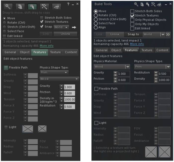 The official viewer's Build floater Features tab (l) and Niran's revised layout in black Dragon (r)