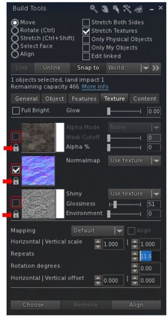 The Texture tab now has clearer map selection check boxes (outlined) and individual lock options for applying rotations, offsets, etc., via the spinners (arrowed)