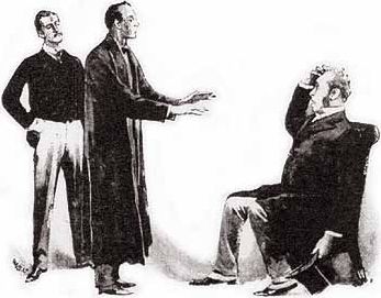 Holmes seeks to calm the distraught Holder (Sidney Paget, 1892, The Strand Magazine)