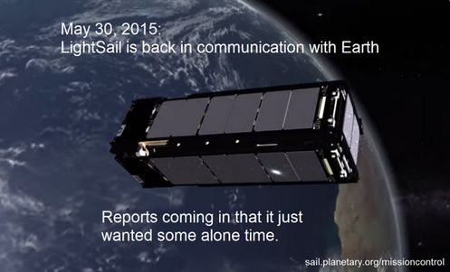 The Planetary Society announces Lightsail 1 back in communication, May 30th, 2015