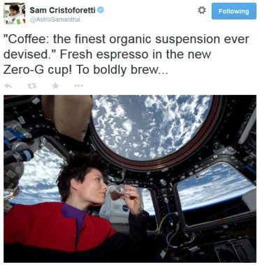 Samantha Cristoforetti enjoys the first cup of expresso aboard the ISS