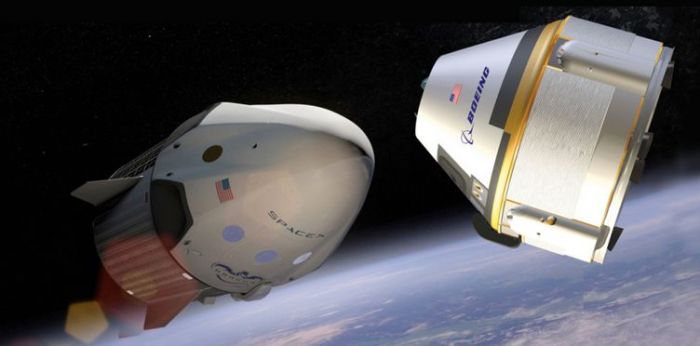 The SpaceX Dragon 2 (l) and Boeing CST-100 are designed to carry crew to and from the ISS from US soil from 2017 onwards - but funding in now possibly at risk for FY 2016